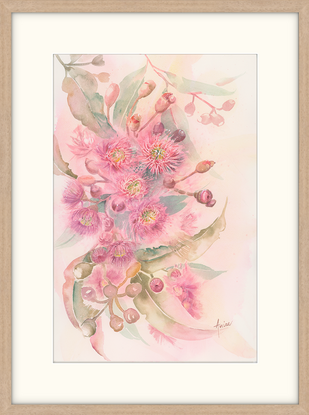 Watercolour painting of large atmospheric pink gum blossoms and leaves