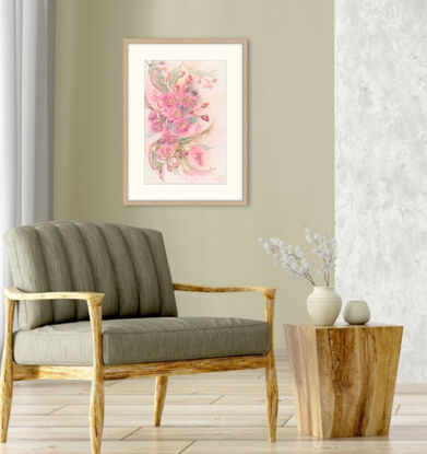 Watercolour painting of large atmospheric pink gum blossoms and leaves