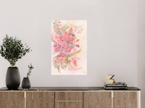 Watercolour painting of large atmospheric pink gum blossoms and leaves