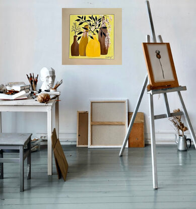 A Still life composition to impress your family and friends ,the palette is a painted frame a geometrical look and all sides are painted in a Taupe Jade green Acrylic,with a thin line of Grey Blue surrounding the lime Acrylic palette back ground 
Black liquid flow Acrylic leaves and deep ocean green leaves , blossom branches hanging over the tall potted vase 
Of orange and white blossoms a warm yellow mixed with oxide yellow blending all warm colours to match this palette it’s a very pretty and bright painting which deserves the right spot In Your home suitable for those who love line and yellow and  Jade colour decor 
Wide sided canvas all sides painted medium Jade Taupe ,red sienna  Yellow oxide Vases 
This still life would suit as Office Art, nature lovers , dinning room Art,Hall way Art ,A funky Quirky Style Pots A modern classic would look great in your home 
Comes with a certificate Of Authenticity 