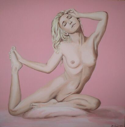 front view of blonde nude female seated, holding one raised foot with one hand, the other hand at her face