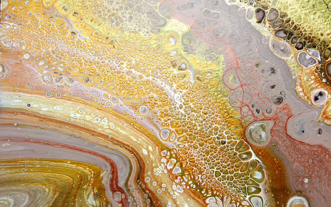 ABSTRACT painting of flowing colours: golds, light golds, ochre, chocolate, royal purple, pink, beige.
It has incredible depth while evoking a feeling of peace!
The closer you get to the painting the more of the interesting details and patterns you can see. Metallics add an extra depth because the painting changes personality when one views from different angles. The sage green adds an extra strip of class. it fits in to almost any type of room and on any colour wall.