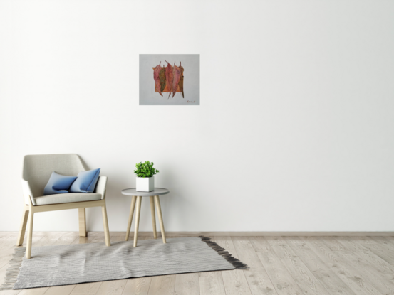 Six decaying eucalyptus leaves placed on a piece of cardboard against a white background.