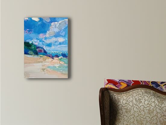 The artwork is an impressionistic painting that captures a rugged coastal landscape. The painting features a rocky shoreline adorned with clusters of evergreen trees. 