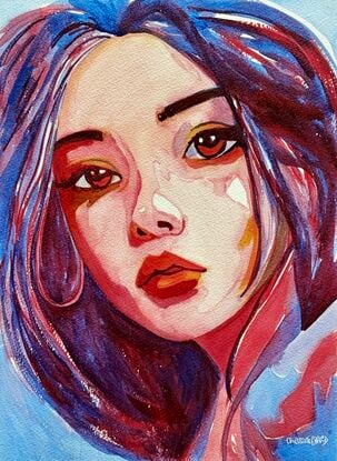 "Gaze of Serenity" by Christine Beard captures the emotional depth of a young woman through a striking portrait. The artist uses a vibrant red and blue palette to bring out the intensity of the subject’s introspective gaze, creating a powerful connection with the viewer. The delicate yet bold brushstrokes highlight the intricate details of the face, making this watercolor artwork a captivating addition to any collection. This piece exemplifies modern portraiture with its blend of realistic detail and expressive color, making it a timeless portrayal of quiet contemplation.





