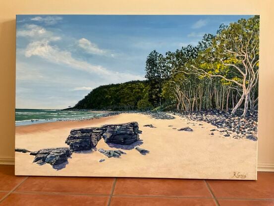 Tea Tree Bay Noosa National Park beach with coffee rocks, the ocean, sand, tea trees and sky.