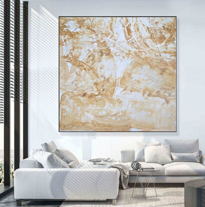 A minimalist abstract artwork depicting an aerial view in ochre, white and graphite.