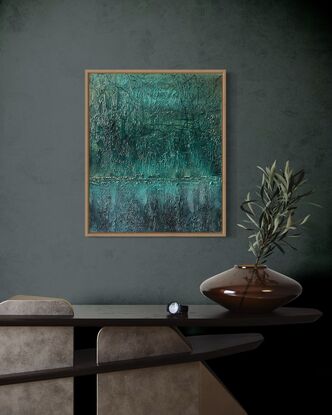 A textured blue and gold abstract forest