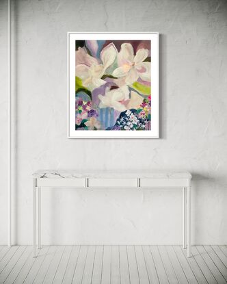 Floral  abstract dreamy painting recreating childhood nostalgia. Magnolias and small blooms with stripes and playful shapes.