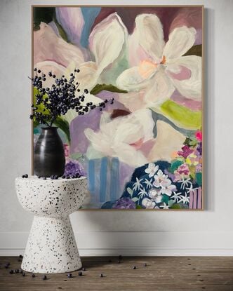 Floral  abstract dreamy painting recreating childhood nostalgia. Magnolias and small blooms with stripes and playful shapes.