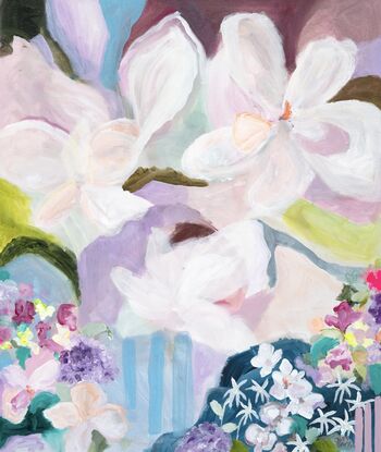 Floral  abstract dreamy painting recreating childhood nostalgia. Magnolias and small blooms with stripes and playful shapes.