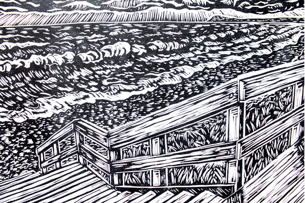 Linocut print of a beach and seascape