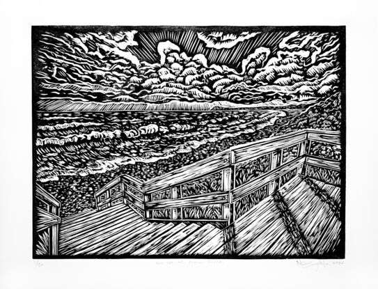 Linocut print of a beach and seascape