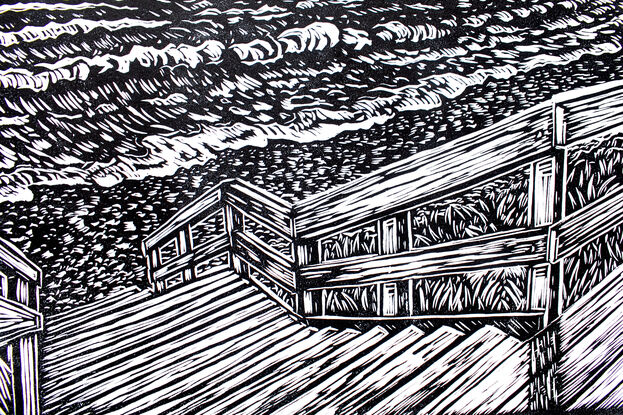 Linocut print of a beach and seascape