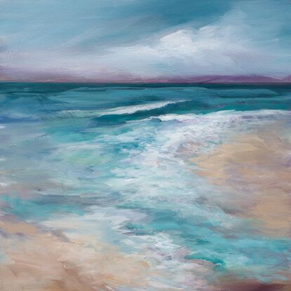 Gentle waves roll onto a sandy beach under a sky filled with cloud cover, creating a serene and calming scene. The hues of blue and green blend harmoniously, portraying the natural beauty of the coastal landscape. There are multiple layers of acrylic paint that gives the piece nuance, depth, and interest. The side edges are painted black and it is wired ready to hang. A clear UV protective finish coat finish the piece.