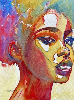 "Luminous Reflection" captures a striking and expressive portrait of a woman, where vibrant hues blend seamlessly to convey depth and emotion. The bold use of color and flowing lines brings the subject to life, evoking a sense of introspection and quiet strength. This contemporary watercolor piece invites viewers to connect with the subject’s gaze and ponder the stories behind her eyes, making it a powerful addition to any modern art collection.