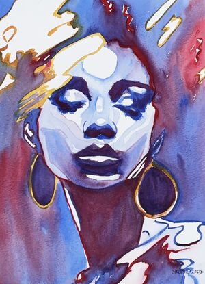 "Serene Vision" portrays a woman in a moment of quiet reflection, her eyes closed as if lost in thought. The bold use of blues and reds creates a striking contrast, emphasizing the depth of emotion in this abstract expressionist portrait. The fluid lines and vibrant colors capture the essence of inner peace and contemplation, making this contemporary watercolor piece a captivating addition to any modern art collection.