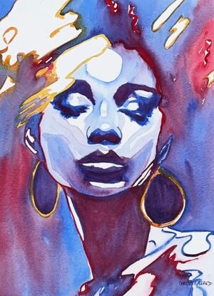 "Serene Vision" portrays a woman in a moment of quiet reflection, her eyes closed as if lost in thought. The bold use of blues and reds creates a striking contrast, emphasizing the depth of emotion in this abstract expressionist portrait. The fluid lines and vibrant colors capture the essence of inner peace and contemplation, making this contemporary watercolor piece a captivating addition to any modern art collection.