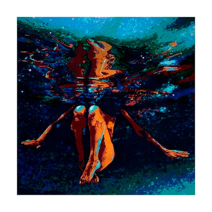 Nude woman underwater crossing her legs with reflections in the water.