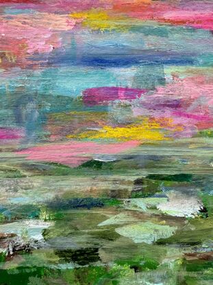 Bright and Bold Colourful Landscape at sunset, with pinks, oranges, green, blues, yellow. Painted on board