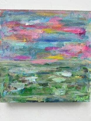 Bright and Bold Colourful Landscape at sunset, with pinks, oranges, green, blues, yellow. Painted on board