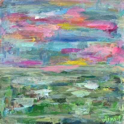 Bright and Bold Colourful Landscape at sunset, with pinks, oranges, green, blues, yellow. Painted on board