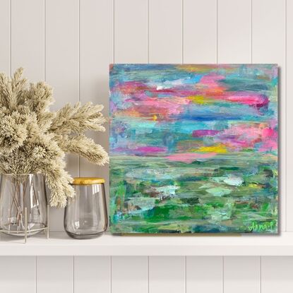 Bright and Bold Colourful Landscape at sunset, with pinks, oranges, green, blues, yellow. Painted on board