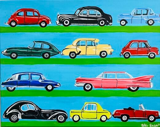 A painting of beautifully designed automobiles from the past.