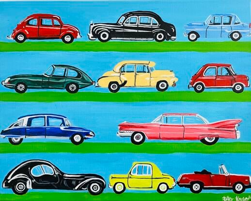 A painting of beautifully designed automobiles from the past.