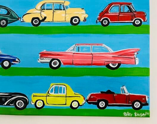 A painting of beautifully designed automobiles from the past.