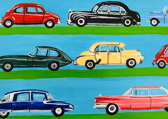 A painting of beautifully designed automobiles from the past.