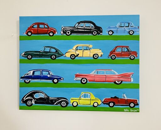 A painting of beautifully designed automobiles from the past.