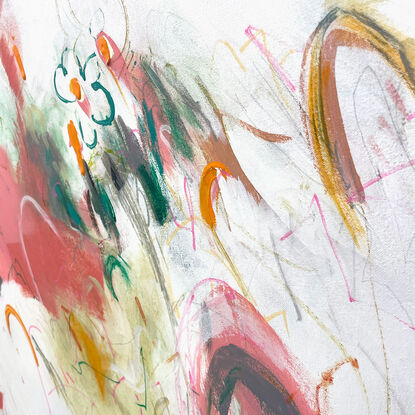 bold textured marks in pink, apricot, orange, grey and black with areas of white, beige and green across a large canvas