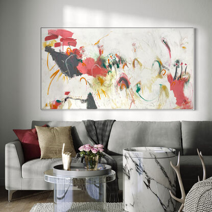 bold textured marks in pink, apricot, orange, grey and black with areas of white, beige and green across a large canvas