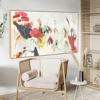 bold textured marks in pink, apricot, orange, grey and black with areas of white, beige and green across a large canvas