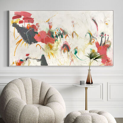 bold textured marks in pink, apricot, orange, grey and black with areas of white, beige and green across a large canvas