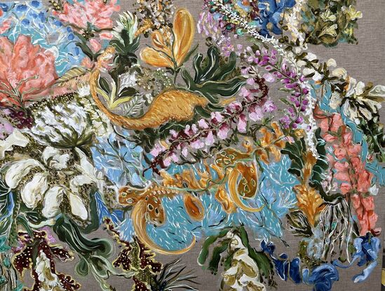 Leaves and foliage  with Coloured flowers and metallic paint



