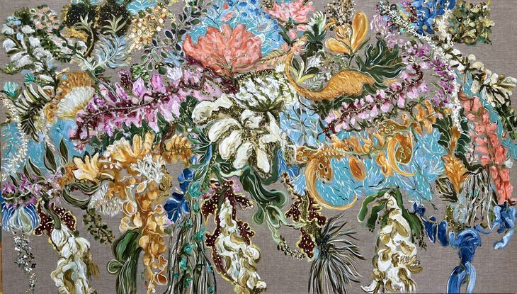 Leaves and foliage  with Coloured flowers and metallic paint



