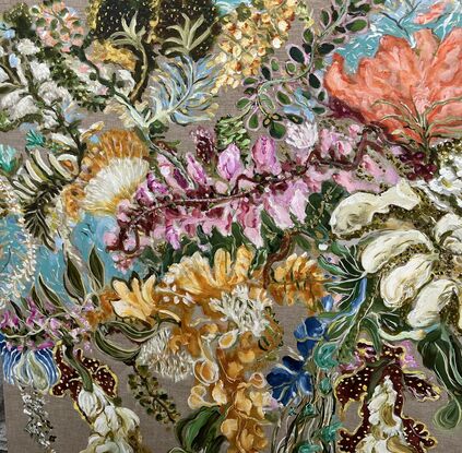 Leaves and foliage  with Coloured flowers and metallic paint



