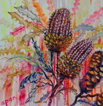 Fluoro pastels on background and rustic native Banksia Pods and flowers.