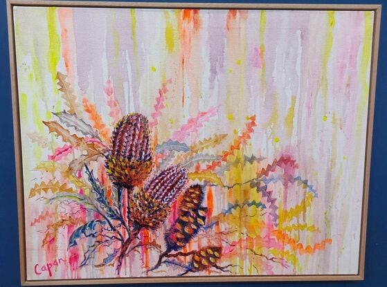 Fluoro pastels on background and rustic native Banksia Pods and flowers.