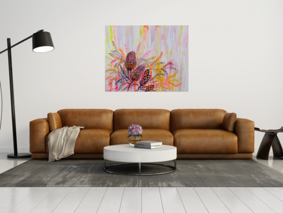 Fluoro pastels on background and rustic native Banksia Pods and flowers.