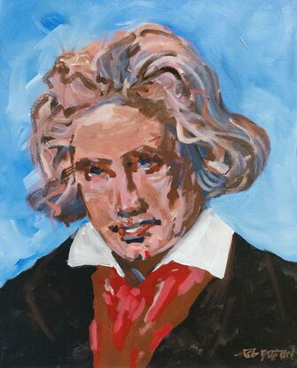 Painting on canvas of Beethoven, painted in an impressionism style on 16 × 20 inch (ca. 51 cm) canvas. Some sgraffito /etching and very loosely painted. 