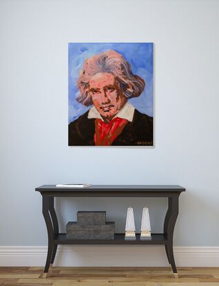 Painting on canvas of Beethoven, painted in an impressionism style on 16 × 20 inch (ca. 51 cm) canvas. Some sgraffito /etching and very loosely painted. 