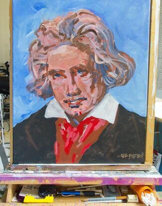 Painting on canvas of Beethoven, painted in an impressionism style on 16 × 20 inch (ca. 51 cm) canvas. Some sgraffito /etching and very loosely painted. 