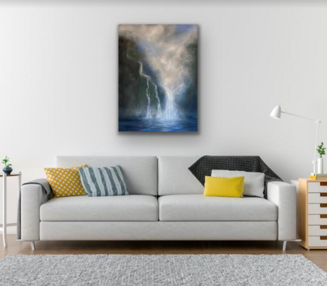 An atmospheric and misty painting of a waterfall with soft billowing clouds above which would bring a calming ambience to any room.