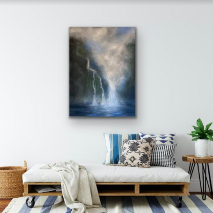 An atmospheric and misty painting of a waterfall with soft billowing clouds above which would bring a calming ambience to any room.