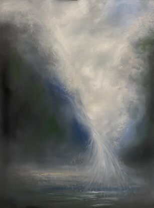 An atmospheric and misty painting of a waterfall with soft billowing clouds above which would bring a calming ambience to any room.