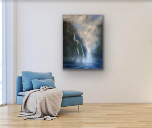 An atmospheric and misty painting of a waterfall with soft billowing clouds above which would bring a calming ambience to any room.