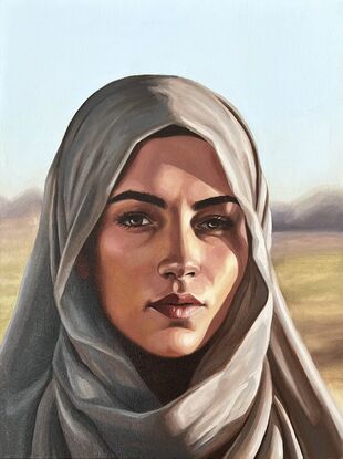 This oil painting captures a realistic and powerful portrait of a woman in a headscarf, with striking details and a serene yet intense expression.